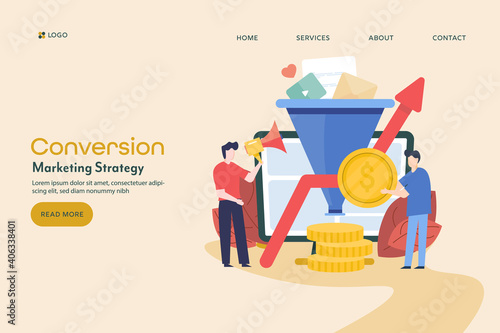 Business team working on content marketing strategy, increasing conversion rate of leads via sales funnel and earning more money. Flat design vector illustration, web banner template.