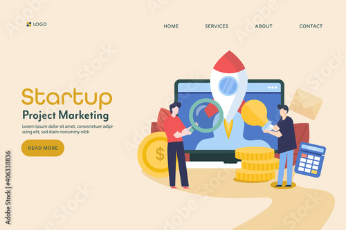 Businessmen working on start-up project. Investing money on newly launched business. Sky rocket digital business concept. Flat design web banner presentation.