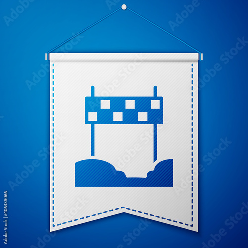Blue Ribbon in finishing line icon isolated on blue background. Symbol of finish line. Sport symbol or business concept. White pennant template. Vector.