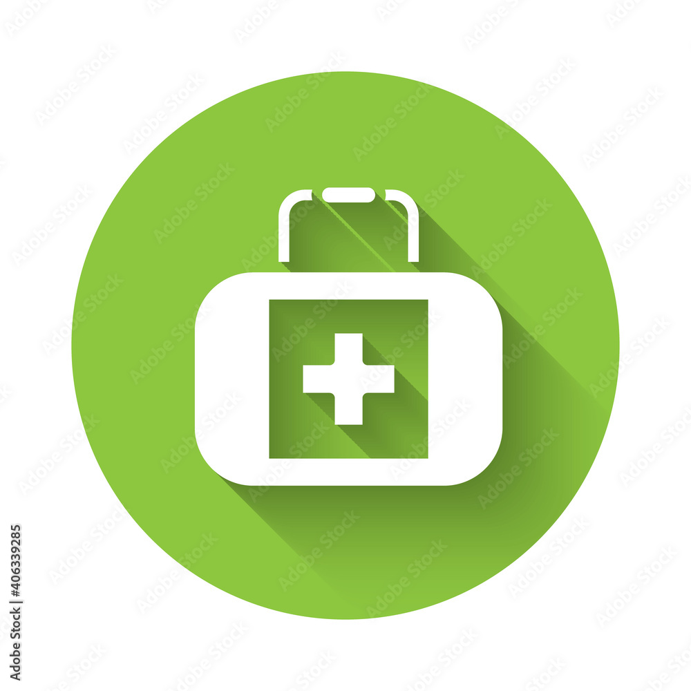 White First aid kit icon isolated with long shadow. Medical box with cross. Medical equipment for emergency. Healthcare concept. Green circle button. Vector. White First aid kit icon isolated with long shadow. Medical box with cross. Medical equipment for emergency. Healthcare concept. Green circle button. Vector.