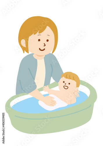 赤ちゃんをお風呂に入れる女性のイラスト