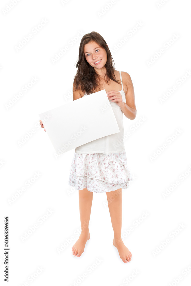 Full length portrait of a beautiful smiling woman holding an empty placard, isolated on white studio background Full length portrait of a beautiful smiling woman holding an empty placard, isolated on white studio background