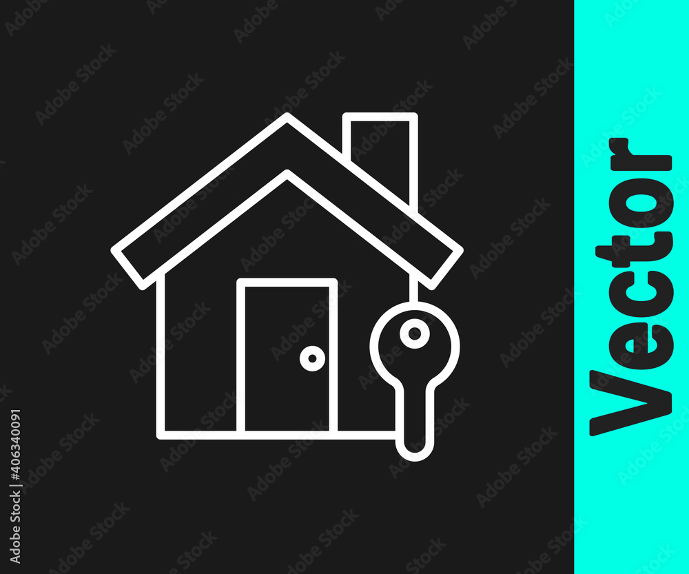 White line House with key icon isolated on black background. The concept of the house turnkey. Vector Illustration. White line House with key icon isolated on black background. The concept of the house turnkey. Vector Illustration.