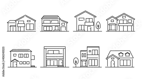 家のイラストのセット　アイコン　街並み　建物　住宅街　一軒家　一戸建て