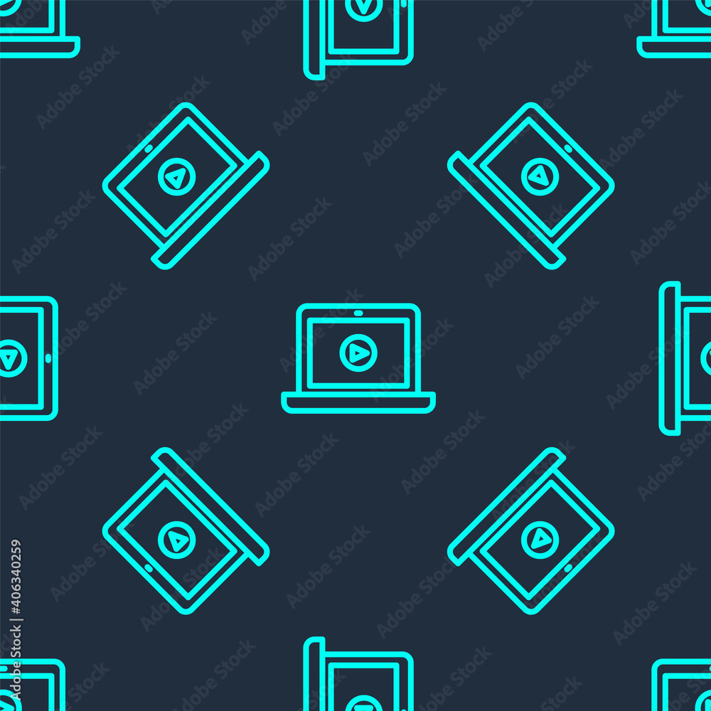 Green line Online play video icon isolated seamless pattern on blue background. Laptop and film strip with play sign. Vector Illustration. Green line Online play video icon isolated seamless pattern on blue background. Laptop and film strip with play sign. Vector Illustration.