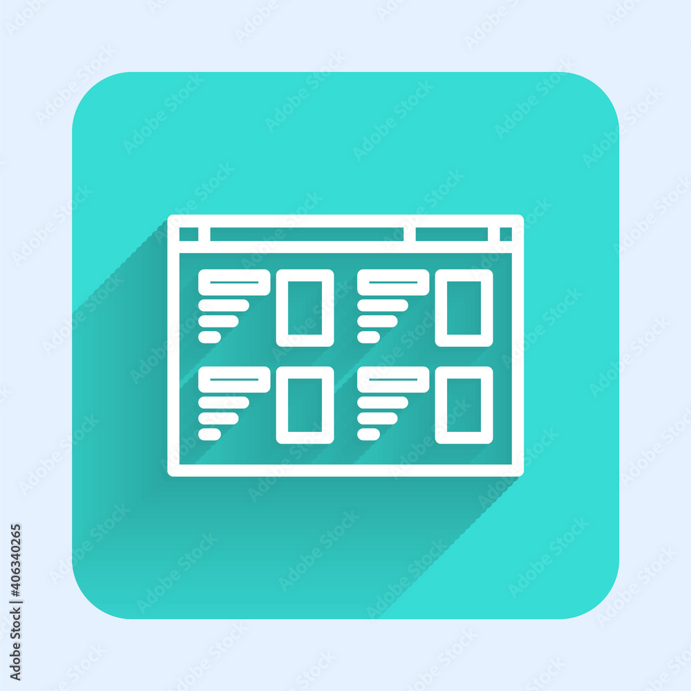 White line Online play video icon isolated with long shadow. Film strip with play sign. Green square button. Vector Illustration. White line Online play video icon isolated with long shadow. Film strip with play sign. Green square button. Vector Illustration.
