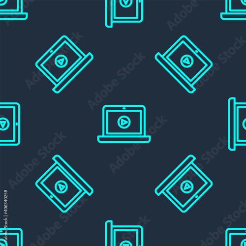 Green line Online play video icon isolated seamless pattern on blue background. Laptop and film strip with play sign. Vector Illustration.