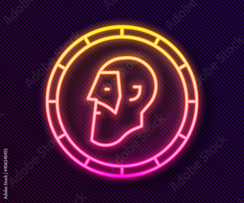 Glowing neon line Ancient coin icon isolated on black background. Vector.