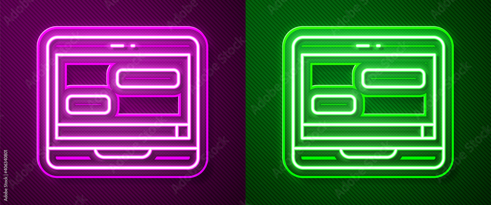 Glowing neon line New chat messages notification on laptop icon isolated on purple and green background. Smartphone chatting sms messages speech bubbles. Vector. Glowing neon line New chat messages notification on laptop icon isolated on purple and green background. Smartphone chatting sms messages speech bubbles. Vector.