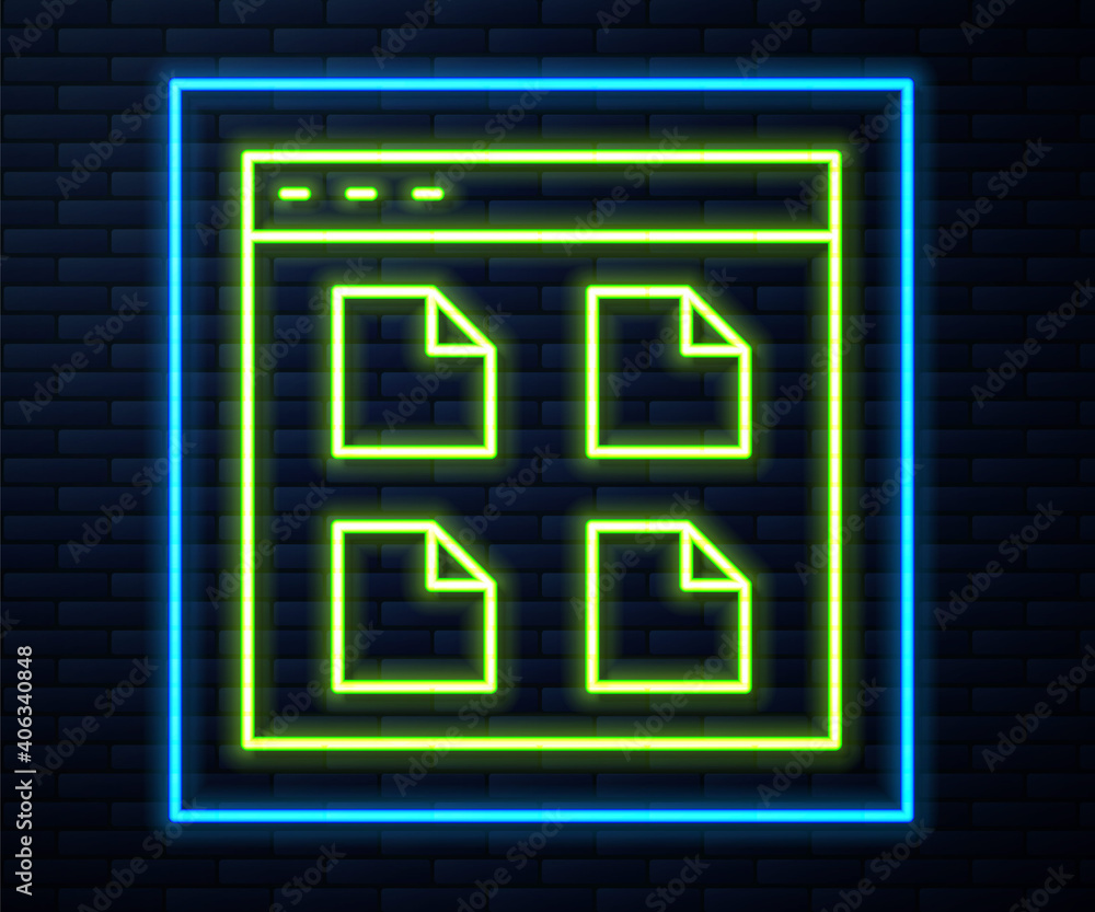 Glowing neon line Browser files icon isolated on brick wall background. Vector. Glowing neon line Browser files icon isolated on brick wall background. Vector.