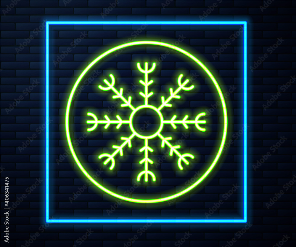 Glowing neon line Snowflake icon isolated on brick wall background. Vector. Glowing neon line Snowflake icon isolated on brick wall background. Vector.