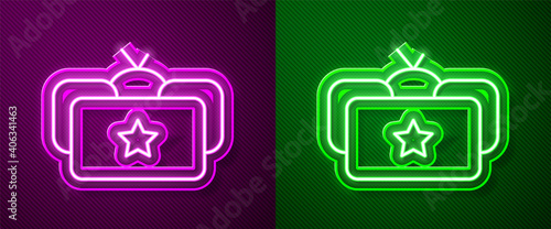 Glowing neon line Ushanka icon isolated on purple and green background. Russian fur winter hat ushanka with star. Soviet Union uniform of KGB and NKVD. Vector.