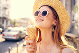 Woman outdoors with ice cream walk sunny day outdoors