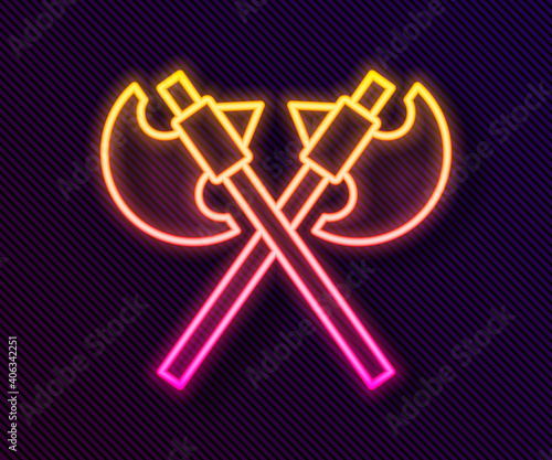 Glowing neon line Crossed medieval axes icon isolated on black background. Battle axe, executioner axe. Medieval weapon. Vector.