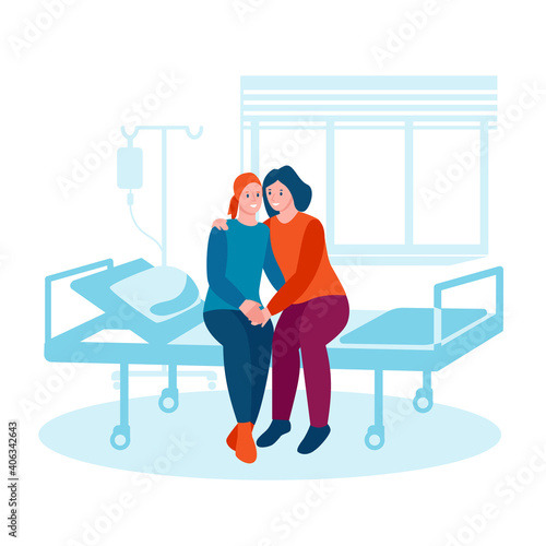 A woman with cancer sits on a bed in a hospital. A friend hugs, supports. Lavender ribbon. The concept of support of family and friends with oncology. Vector illustration in flat cartoon style.
