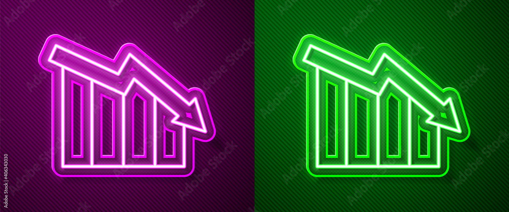 Glowing neon line Financial growth decrease icon isolated on purple and green background. Increasing revenue. Vector. Glowing neon line Financial growth decrease icon isolated on purple and green background. Increasing revenue. Vector.