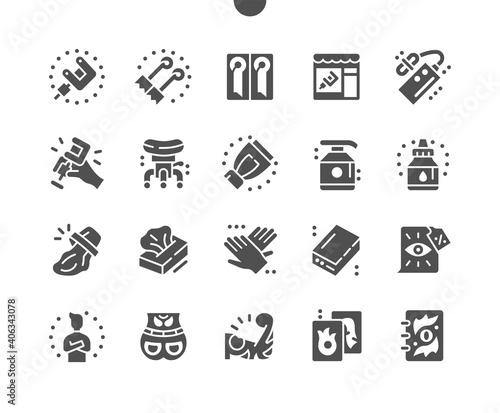 Tattoo art studio. Tattoo machine. Tattooing. Professional tattoo artist. Napkins, antiseptic, tattoo needles and sterile gloves. Vector Solid Icons. Simple Pictogram