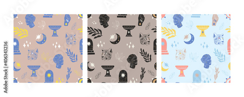 Set of three seamless pattern. Antique stuff. Trendy vector illustration. Background, wallpaper.