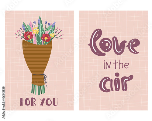 Set of cute floral love greeting cards for valentine's day. Vector illustration.