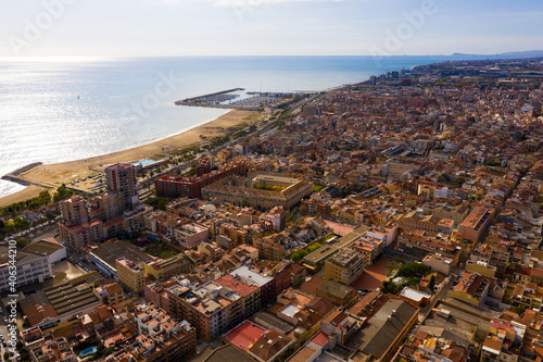 Aerial view of Mataro with buildings and coast line in the Spain