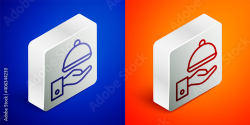 Isometric line Covered with a tray of food icon isolated on blue and orange background. Tray and lid sign. Restaurant cloche with lid. Silver square button. Vector.