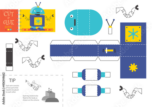 Cut and glue robot toy vector illustration, worksheet.