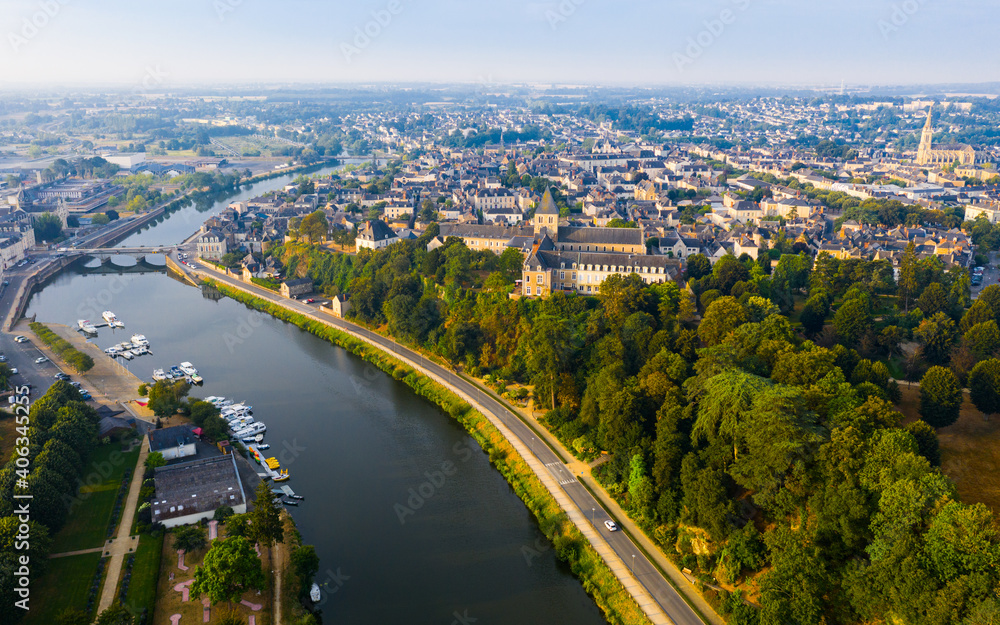 Panoramic view from above on the city Chateau-Gontier and Mayenne river. France
