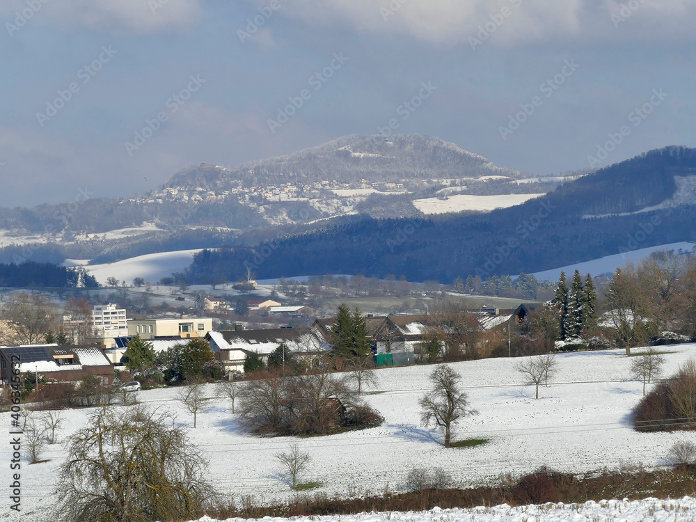 Panoramic view to the hill Hohenrechberg in wintertime in Germany