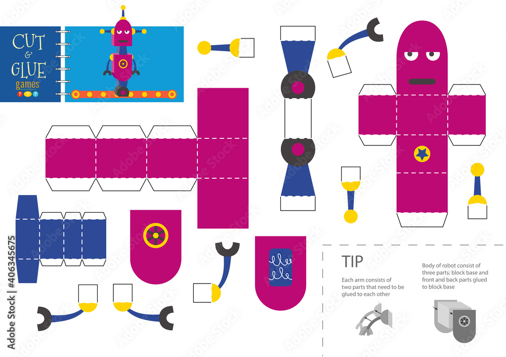 Cut and glue robot toy vector illustration, worksheet. Cut and glue robot toy vector illustration, worksheet.