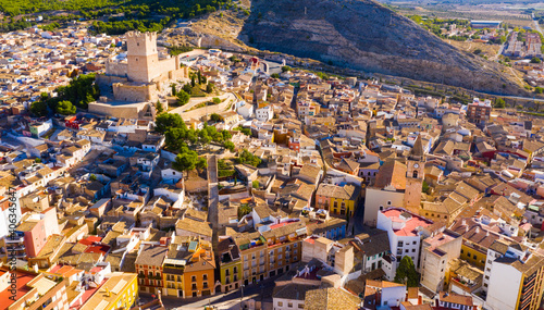 Fotografi Aerial view of Villena cityscape with ancient fortified Atalaya castle, Alicante