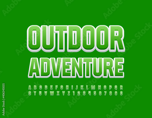 Vector modern badge Outdoor Adventure. Green and White Alphabet Letters and Numbers. Bright stylish Font
