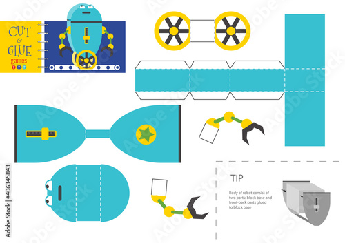 Cut and glue robot toy vector illustration, worksheet.