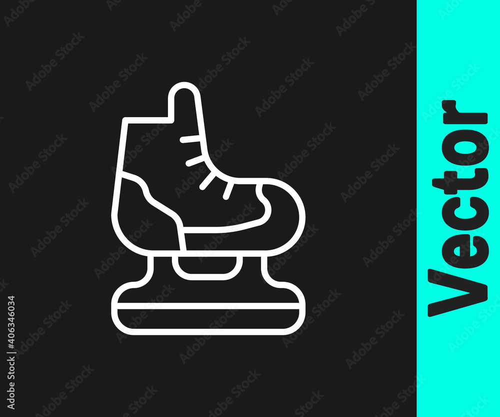 White line Skates icon isolated on black background. Ice skate shoes icon. Sport boots with blades. Vector. White line Skates icon isolated on black background. Ice skate shoes icon. Sport boots with blades. Vector.