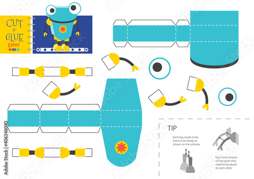 Cut and glue robot toy vector illustration, worksheet.
