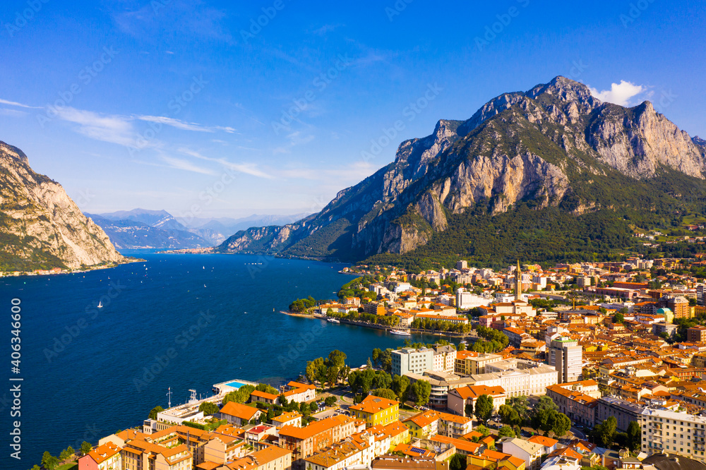 Day aerial view of Lecco and Como lake in Italy