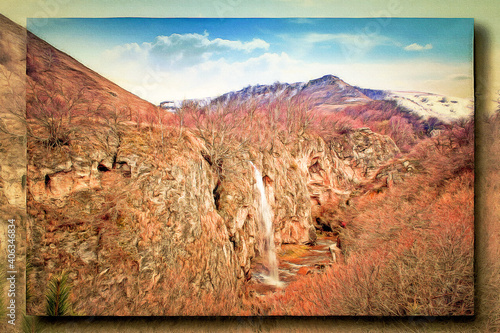 Honey waterfalls. Caucasus. Rocky Ridge. Imitation of a picture. Oil paint. Rendring photo