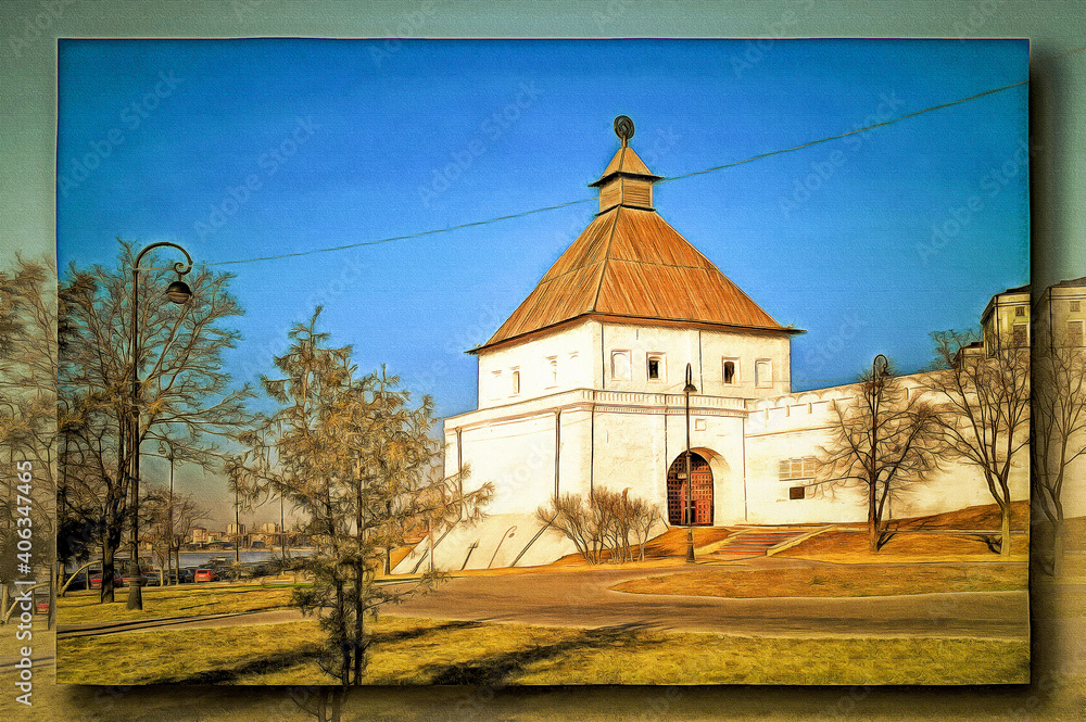 Ancient fortress of the Kazan khanate. Imitation of a picture. Oil paint. Rendring