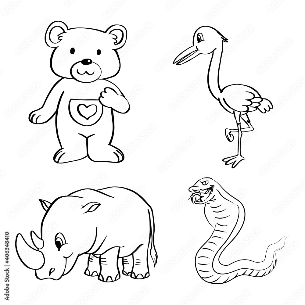 Fototapeta premium Hand drawn Wild Animals Collection Coloring page for kids