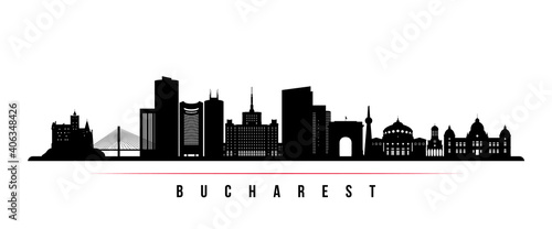 Bucharest skyline horizontal banner. Black and white silhouette of Bucharest, Romania. Vector template for your design. photo