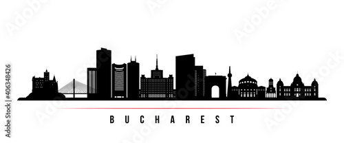 Bucharest skyline horizontal banner. Black and white silhouette of Bucharest, Romania. Vector template for your design.