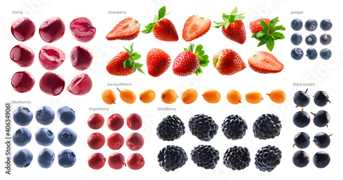 Large set of different berries on a white background