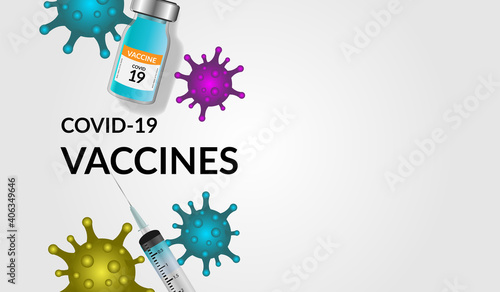 Covid-19 corona virus vaccination with vaccine bottle and syringe injection tool for covid19 immunization treatment. Coronavirus vaccine vector background. 