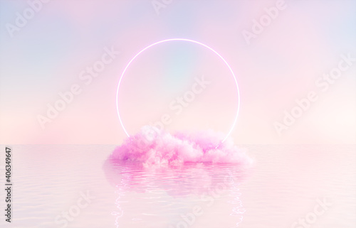 Natural beauty podium backdrop for product display with dreamy cloud and neon light background. Romantic 3d seascape scene. photo