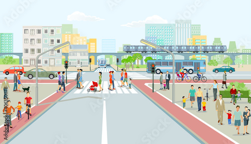 Stadtansicht mit Straßenverkehr, Hochbahn und Menschen Illustration