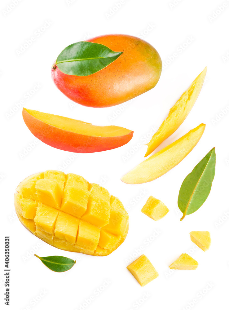 mango slice with green leaves isolated on white background. top view mango slice with green leaves isolated on white background. top view