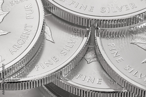 Closeup shot of maple leaf fine silver coins from the Royal Canadian Mint photo