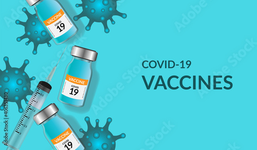 Covid-19 corona virus vaccination with vaccine bottle and syringe injection tool for covid19 immunization treatment. Coronavirus vaccine vector background. 