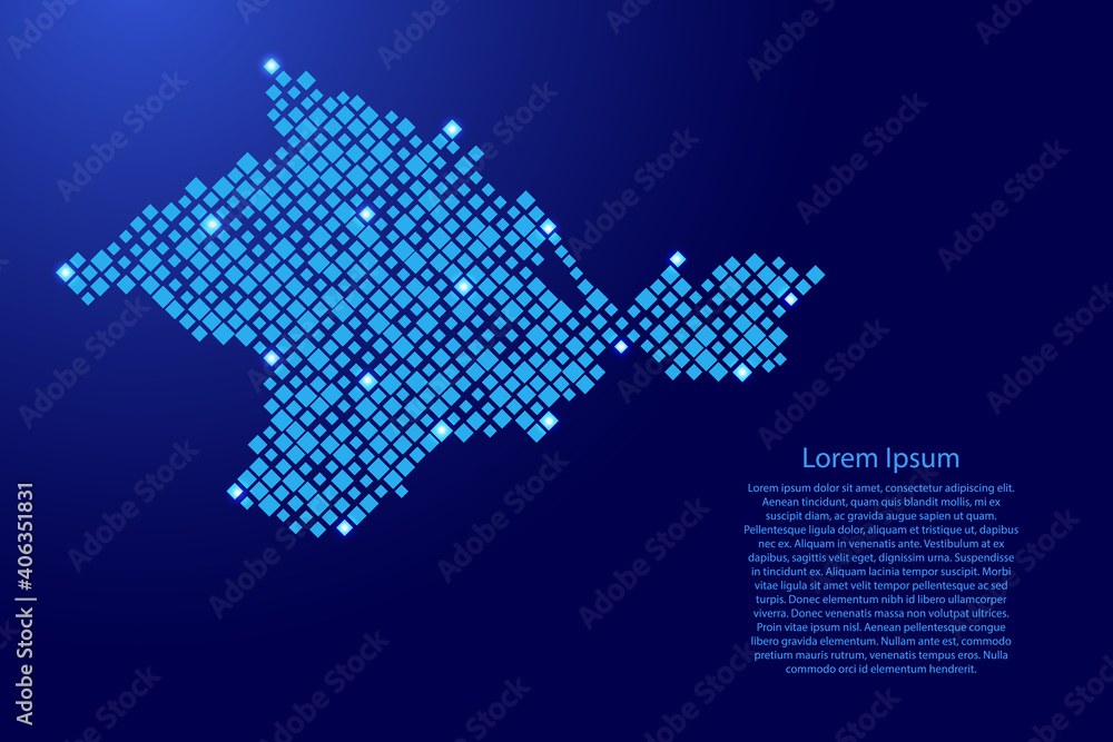 Crimea map from blue pattern rhombuses of different sizes and glowing space stars grid. Vector illustration.