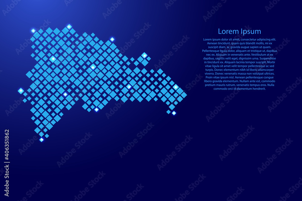 Dominican Republic from blue pattern rhombuses of different sizes and glowing space stars grid. Vector illustration.