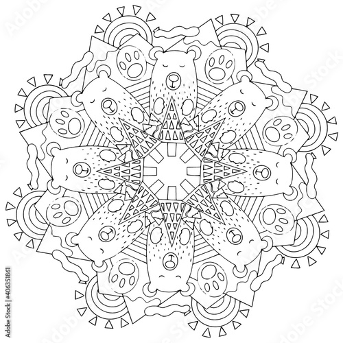 Mandala bear  mountains and trees coloring page for children and adults